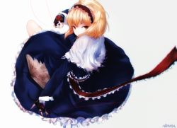 Rule 34 | &gt;:(, 1girl, alice margatroid, bad id, bad pixiv id, black gloves, blonde hair, blue dress, book, brown eyes, capelet, closed mouth, dress, fingerless gloves, from side, frown, full body, gloves, hairband, jewelry, lolita hairband, long sleeves, looking at viewer, looking to the side, nekoya (liu), open book, petticoat, puppet rings, puppet strings, ring, sash, short hair, solo, touhou, v-shaped eyebrows