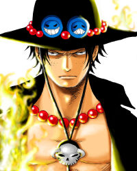 Rule 34 | 1boy, black hair, black headwear, black shirt, close-up, closed mouth, fire, freckles, jewelry, kara (acluf-0156), looking at viewer, male focus, necklace, one piece, open clothes, open shirt, portgas d. ace, shirt, short hair, simple background, solo, white background