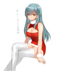 Rule 34 | 10s, 1girl, alternate costume, aqua hair, bad id, bad twitter id, bare shoulders, blush, breasts, christmas, cleavage, cleavage cutout, clothing cutout, dress, hat, highres, kantai collection, large breasts, long hair, looking at viewer, red dress, santa costume, santa hat, scrunchie, sleeveless, smile, solo, suzuya (kancolle), thighhighs, tsukiriran, white background, white thighhighs, wrist scrunchie, yellow eyes, zettai ryouiki