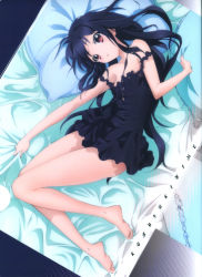 Rule 34 | 10s, 1girl, absurdres, accel world, babydoll, bare legs, bare shoulders, barefoot, bed, bed sheet, black hair, blush, chemise, feet, frills, highres, kuroyukihime, lingerie, long hair, looking at viewer, lying, official art, on back, open mouth, parted lips, pillow, red eyes, ribbon, scan, sheet grab, solo, strap slip, toes, underwear