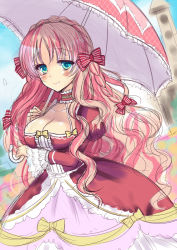 Rule 34 | 1girl, agekichi (heart shape), bad id, bad pixiv id, blush, breasts, cleavage, dress, large breasts, long hair, parasol, pink hair, smile, solo, source request, umbrella, very long hair