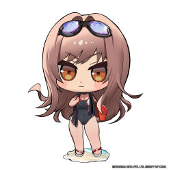 Rule 34 | 1girl, black choker, black one-piece swimsuit, blush stickers, brown eyes, chibi, choker, closed mouth, commentary, english commentary, full body, gluteal fold, goddess of victory: nikke, goggles, goggles on head, groin, hair intakes, highres, holding, holding towel, light brown hair, light frown, long hair, official alternate costume, official art, one-piece swimsuit, rapi (classic vacation) (nikke), rapi (nikke), sandals, solo, standing, swept bangs, swimsuit, totatokeke, towel, towel around neck, v-shaped eyebrows, very long hair