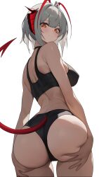 Rule 34 | 1girl, ahoge, alternate costume, antennae, arasaka inu, arknights, ass, ass grab, ass support, bare arms, bare shoulders, black panties, black sports bra, blush, breasts, closed mouth, commentary request, cowboy shot, demon tail, grabbing own ass, grey hair, highres, horns, large breasts, looking at viewer, looking back, orange eyes, panties, red horns, short hair, simple background, smile, solo, sports bra, tail, underwear, w (arknights), white background