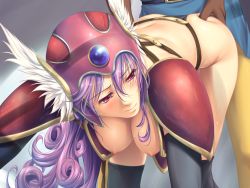 Rule 34 | 1boy, 1girl, armor, bent over, blush, breasts, chunsoft, clothed sex, doggystyle, dragon quest, dragon quest iii, enix, eureka2, game cg, helmet, hetero, highres, nipples, purple hair, red eyes, sex, sex from behind, soldier (dq3), sweat, thighhighs, vaginal, wings