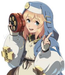 Rule 34 | 1boy, androgyne symbol, blonde hair, blue eyes, bridget (guilty gear), commentary request, fingerless gloves, gloves, guilty gear, guilty gear strive, highres, holding, holding weapon, looking at viewer, male focus, open mouth, sawasa, simple background, smile, solo, teeth, trap, upper teeth only, weapon, white background