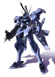 Rule 34 | absurdres, clenched hand, commission, glowing, gun, heyzan, highres, holding, holding gun, holding weapon, holstered, looking ahead, mecha, muv-luv, muv-luv alternative, no humans, robot, science fiction, shadow, solo, standing, sword, type 94 shiranui, visor, weapon, white background