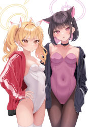 Rule 34 | 2girls, absurdres, animal ears, black choker, black hair, black jacket, black pantyhose, blonde hair, blue archive, blush, breasts, brown eyes, brown pantyhose, choker, closed mouth, colored inner hair, covered navel, cowboy shot, extra ears, hair ribbon, halo, highres, jacket, kazusa (blue archive), leotard, long hair, looking at viewer, medium breasts, multicolored hair, multiple girls, nontraditional playboy bunny, open clothes, open jacket, pantyhose, parted lips, pink eyes, pink hair, pink leotard, red jacket, ribbon, short hair, simple background, small breasts, strapless, strapless leotard, takio (kani sama), thighhighs, twintails, white background, white leotard, white thighhighs, yoshimi (blue archive)