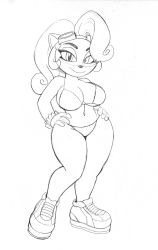Rule 34 | 1girl, bikini, breasts, cleavage, coco bandicoot, crash bandicoot (series), furry, goggles, goggles on head, highres, large breasts, legs, looking at viewer, monochrome, navel, ponytail, seductive smile, shoes, smile, sneakers, solo, swimsuit, thick thighs, thighs, traditional media, wide hips