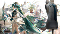 Rule 34 | 1girl, absurdly long hair, absurdres, alternate costume, animal, bare legs, bird, black gloves, black hat, blurry, bottle, box, breasts, china dress, chinese clothes, chuushuu meigetsu miku, closed eyes, coat, collared shirt, depth of field, dress, eyelashes, feet out of frame, fighting stance, flower, folded hair, from side, gloves, green hair, half gloves, hanfu, hanging lantern, hat, hatsune miku, hatsune miku (vocaloid4) (chinese), highres, holding, holding umbrella, lantern, long hair, mannequin, miku with you (vocaloid), necktie, parted lips, petals, plant, potted plant, profile, ready to draw, rumoon, shaohua hatsune miku, shawl, shirt, short dress, short sleeves, sleeveless, sleeveless shirt, solo, swallow (bird), table, tassel, trait connection, twintails, umbrella, very long hair, vocaloid, walking, white background, white dress, white flower