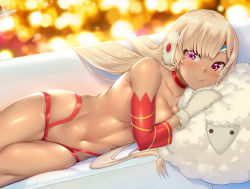 Rule 34 | 1girl, absurdres, altera (fate), altera the santa (fate), bare shoulders, bikini, body markings, breasts, choker, convenient censoring, dark-skinned female, dark skin, detached sleeves, earmuffs, fate (series), hamada miku, highres, long hair, looking at viewer, lying, medium breasts, mittens, on side, red bikini, red choker, red eyes, sheep, short hair, smile, swimsuit, thighs, topless, white hair, white mittens