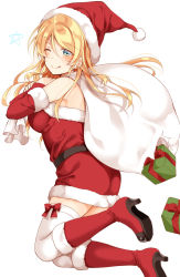 Rule 34 | 1girl, ;q, arm warmers, ayase eli, belt, blonde hair, blue eyes, blush, boots, bow, box, christmas, commentary request, dress, dropping, fur-trimmed boots, fur-trimmed dress, fur trim, gift, gift box, hair down, hat, high heel boots, high heels, highres, jumping, knee boots, long hair, looking at viewer, love live!, love live! school idol project, mogu (au1127), one eye closed, over shoulder, red bow, red dress, red footwear, sack, santa costume, santa hat, simple background, solo, star (symbol), thighhighs, tongue, tongue out, torn sack, white background, white thighhighs