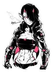Rule 34 | 1girl, abs, andyface, bandeau, cyborg, earrings, hair over one eye, horns, jewelry, mechanical arms, multiple earrings, muscular, muscular female, navel, oni, oni horns, original, partially colored, pointy ears, red eyes, slit pupils, solo, upper body