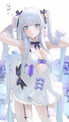 Rule 34 | 1girl, arknights, armpits, arms up, bad id, bad twitter id, bare shoulders, blue bow, blue eyes, blush, bow, breasts, character request, cleavage, collar, copyright request, detached collar, dress, flower, hair flower, hair ornament, highres, long hair, looking at viewer, medium breasts, ohisashiburi, originium arts (arknights), parted lips, short dress, silver hair, simple background, sleeveless, solo, sweat, thighhighs, very long hair, white background, white collar, white dress, white thighhighs, zettai ryouiki