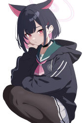 Rule 34 | 1girl, absurdres, animal ears, black choker, black hair, black jacket, black pantyhose, blue archive, blush, cat ears, choker, closed mouth, colored inner hair, feet out of frame, green sailor collar, hair ornament, hairclip, halo, highres, hood, hooded jacket, jacket, kazusa (blue archive), long sleeves, looking at viewer, multicolored hair, pantyhose, pink hair, pink halo, pogeepoge, red eyes, sailor collar, short hair, simple background, solo, squatting, white background