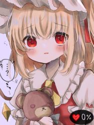 Rule 34 | 1girl, animal ears, ascot, bear ears, blonde hair, blush, bow, bowtie, buttons, collared shirt, commentary request, crystal, dark skin, dorowa (drawerslove), dress, eyes visible through hair, fang, flandre scarlet, frills, grey bow, grey bowtie, grey hat, grey shirt, hair between eyes, hair ribbon, hand up, hat, heart, highres, hug, jewelry, looking at viewer, mob cap, one side up, open mouth, puffy short sleeves, puffy sleeves, purple background, red dress, red eyes, red ribbon, ribbon, shirt, short hair, short sleeves, simple background, solo, sparkle, stuffed animal, stuffed toy, teddy bear, touhou, translation request, upper body, wings, wrist cuffs, yellow ascot