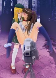 Rule 34 | #13, 2girls, animal collar, beret, black legwear, blonde hair, blush, bottomless, breasts, brown hair, camcorder, chain, cleavage, closed eyes, collar, crying, feet, femdom, forced kiss, hairband, hat, held up, kagura (#13), kiss, leash, long hair, mary janes, minako (#13), multiple girls, open clothes, open shirt, panties, panties around leg, photo background, pigeon-toed, ponytail, remote control vibrator, ruins, sex toy, shirt, shoes, socks, standing, striped clothes, striped panties, submission, sweat, tears, toe-point, toes, tripod, underwear, vibrator, video camera, white legwear, yuri