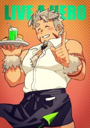 Rule 34 | 1boy, ^ ^, animal ears, bara, bare shoulders, blush, body fur, bow, bowtie, boxers, chest hair, closed eyes, copyright name, dog boy, dog ears, drink, drinking straw, closed eyes, facial hair, food, goatee, gomeisa, grey hair, haishiba ame, highres, index finger raised, live a hero, long sideburns, male focus, male underwear, muscular, pectorals, shirt, sideburns, sleeveless, sleeveless shirt, smile, solo, thick thighs, thighs, tray, underwear, waiter