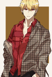 Rule 34 | 1boy, blonde hair, buttons, collared shirt, commentary request, earrings, fate/grand order, fate (series), gilgamesh (fate), highres, jacket, jacket partially removed, jewelry, long sleeves, looking at viewer, male focus, open clothes, open jacket, parted lips, plaid, plaid jacket, red eyes, shirt, short hair, short sleeves, shu (oshigoto boshuuchuu), solo