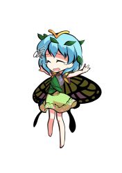 Rule 34 | 1girl, antennae, aqua hair, barefoot, butterfly wings, chibi, closed eyes, dairi, dress, eternity larva, fairy, full body, green dress, hair between eyes, insect wings, leaf, leaf on head, multicolored clothes, multicolored dress, open mouth, short hair, short sleeves, single strap, solo, spread legs, standing, tachi-e, tears, touhou, transparent background, wings