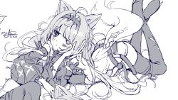 Rule 34 | 1girl, animal ears, armlet, backless outfit, cross-shaped pupils, dated, detached sleeves, grey eyes, grey hair, greyscale, hair intakes, hairband, heterochromia, long hair, long sleeves, mechanical ears, mechanical tail, messy hair, mismatched pupils, monochrome, punishing: gray raven, signature, solo, spot color, sw haze, symbol-shaped pupils, tail, thighhighs, unkempt, wolf ears, wolf girl