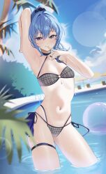 1girl arm_up armpits ball beachball bikini blue_eyes blue_hair breasts hand_to_own_mouth highres hololive hoshimachi_suisei light_smile long_hair looking_at_viewer navel ponytail pool sky small_breasts smile solo swimsuit thigh_strap tomanesan virtual_youtuber