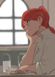 Rule 34 | 1girl, arm support, collared shirt, cup, from side, green eyes, hair ornament, head rest, highres, ponytail, popped collar, pyrrha nikos, red hair, rwby, shirt, sketch, sleeves rolled up, solo, tobihira, window, x hair ornament