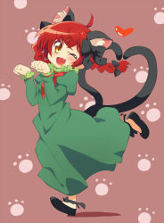 Rule 34 | 1girl, ahoge, animal ears, bow, cat ears, cat girl, cat tail, dress, fang, female focus, green dress, hair bow, heart, heart tail, kaenbyou rin, neibii, open mouth, paw pose, paw print, smile, solo, tail, touhou, wink