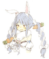 Rule 34 | 1girl, abara heiki, animal ear fluff, animal ears, arm cuffs, blue hair, blue ribbon, braid, breasts, carrot, carrot hair ornament, dress, food-themed hair ornament, fur scarf, hair ornament, hololive, long hair, multicolored hair, neck ribbon, off-shoulder dress, off shoulder, rabbit ears, red eyes, ribbon, simple background, small breasts, solo, tears, thick eyebrows, twin braids, twintails, two-tone hair, upper body, usada pekora, usada pekora (1st costume), virtual youtuber, white background, white dress, white hair