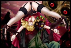 Rule 34 | 1girl, ankle grab, arm grab, ass, black panties, blonde hair, blush, breasts, cleavage, crossover, crown, closed eyes, garter belt, garter straps, high heels, holding, holding another&#039;s wrist, holding upside down, huge breasts, leg grab, majora (entity), monster, muscle buster, nintendo, open mouth, panties, restrained, rose bernstein, shoes, skull kid, snk, spread legs, the king of fighters, the legend of zelda, the legend of zelda: majora&#039;s mask, tongue, top-down bottom-up, underwear