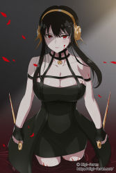 Rule 34 | 1girl, artificial flower, black dress, black gloves, black hair, blood, blood on breasts, blood on face, bloody weapon, breasts, cleavage, closed mouth, cowboy shot, dress, dual wielding, fingerless gloves, flower, gloves, gradient background, grey background, hair flower, hair ornament, hairband, highres, holding, holding weapon, kimura shigetaka, large breasts, long hair, looking at viewer, petals, red eyes, short hair with long locks, sidelocks, sleeveless, sleeveless dress, solo, spy x family, wading, weapon, yellow hairband, yor briar