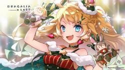 Rule 34 | 1girl, artist request, black gloves, blonde hair, blue eyes, bracelet, cape, choker, christmas, commentary, copyright name, dragalia lost, earrings, euden, ezelith, fang, fur trim, gloves, hair ornament, holding, jewelry, long hair, looking at viewer, official art, ornament, renelle, sleeveless, smile, snowflake hair ornament, solo, star (symbol), star hair ornament, upper body, watermark