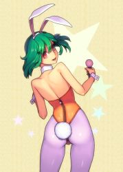 Rule 34 | 1girl, animal ears, ass, bare shoulders, blush, cowboy shot, detached collar, fake animal ears, floating hair, holding, looking at viewer, looking back, macross, macross frontier, microphone, pantyhose, playboy bunny, rabbit ears, rabbit tail, ranka lee, short hair, smile, solo, star (symbol), tail, twisted neck, wrist cuffs, yuksi, zipper
