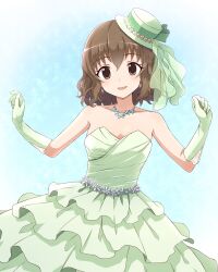 Rule 34 | 1girl, bare shoulders, blue background, blush, bow, breasts, brown eyes, brown hair, cleavage, collarbone, dress, dress bow, earrings, elbow gloves, gloves, green dress, green gloves, hands up, hat, highres, idolmaster, idolmaster cinderella girls, idolmaster cinderella girls starlight stage, jewelry, layered dress, looking at viewer, medium breasts, mini hat, namiki meiko, necklace, open mouth, pochita (pochitaiko), short hair, simple background, smile, solo, surplice, wavy hair