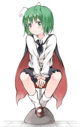 Rule 34 | 1girl, antennae, black cape, black shorts, blush, brown footwear, cape, closed mouth, commentary request, crossed ankles, flat chest, frills, full body, green eyes, green hair, hair between eyes, highres, light smile, long sleeves, looking at viewer, nanana (chicken union), shirt, short hair, shorts, simple background, sitting, solo, stool, tile floor, tiles, touhou, v arms, white background, white legwear, white shirt, wriggle nightbug