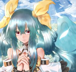 Rule 34 | 1girl, angel wings, bare shoulders, blue hair, blue sky, choker, cloud, cloudy sky, detached collar, detached sleeves, dizzy (guilty gear), eyelashes, feathered wings, feathers, field, flower, flower field, guilty gear, guilty gear xrd, hair between eyes, hair ribbon, hair rings, highres, light rays, long hair, mariebell, monster girl, own hands together, red eyes, ribbon, sidelocks, signature, sky, solo, sunbeam, sunlight, twintails, upper body, wings, yellow ribbon