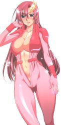 Rule 34 | 1girl, blue eyes, bodysuit, breasts, cleavage, collarbone, gundam, gundam seed, gundam seed destiny, hair ornament, hairpin, highres, lacus clyne, large breasts, long hair, looking at viewer, navel, no bra, open clothes, open mouth, pilot suit, pink bodysuit, pink hair, smile, solo, stomach, suzuki address, transparent background, very long hair