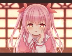 Rule 34 | 1girl, blush, bow, hand up, highres, himekuma ribon, indoors, letterboxed, long hair, long sleeves, looking at viewer, minkusu, pink hair, re:act, red bow, red eyes, smile, two side up, upper body, very long hair, virtual youtuber