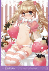 Rule 34 | 1girl, absurdres, blonde hair, blush, bow, bow panties, breasts, censored, convenient censoring, cream, food, fruit, green eyes, highres, image sample, long hair, navel, no bra, original, panties, pink thighhighs, sitting, small breasts, solo, strawberry, striped clothes, striped thighhighs, stuffed animal, stuffed toy, teddy bear, thighhighs, twintails, umehara emika, underwear, very long hair