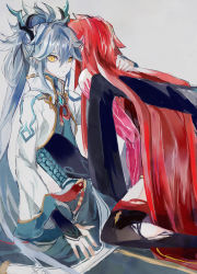 Rule 34 | 2boys, blue hair, closed mouth, denif (elsword), dragon boy, dragon horns, dragon tail, elsword, facing away, highres, horns, hug, kurayuki0404, long hair, long sleeves, looking at viewer, multiple boys, pointy ears, ponytail, red hair, rosso (elsword), tail, trap, very long hair, white background, yellow eyes