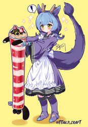 1girl apron blue_hair blue_kimono blush_stickers cat cup cupsie_yummy dragon_girl dragon_horns dragon_tail duel_monster full_body highres holding holding_cup horns japanese_clothes kimono laundry_dragonmaid longcat_(meme) meme short_hair signature simple_background sparkle tail ttakji_craft twitter_username yellow_background yellow_eyes yu-gi-oh!