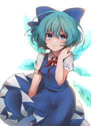 Rule 34 | 1girl, arm up, bad id, bad pixiv id, blue eyes, blue hair, blue skirt, blue vest, breasts, cirno, commentary request, cropped legs, emoriza, hair between eyes, hair ribbon, hand on own shoulder, light smile, looking at viewer, partial commentary, puffy short sleeves, puffy sleeves, red neckwear, red ribbon, ribbon, shirt, short hair, short sleeves, simple background, sitting, skirt, small breasts, solo, touhou, vest, white background, white shirt, wings