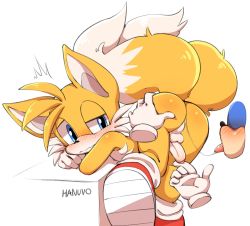 Rule 34 | animal ears, ass, ass grab, blonde hair, blush, closed mouth, disembodied limb, fox ears, fox tail, furry, gloves, half-closed eyes, hanuvo, highres, multiple tails, penis, saliva, saliva trail, shoe soles, shoes, simple background, sonic (series), sonic the hedgehog, tail, tails (sonic), testicles, tongue, tongue out, uncensored, white background, white gloves, yaoi