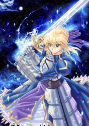 Rule 34 | 1girl, ahoge, armor, armored dress, artoria pendragon (fate), blonde hair, dress, excalibur (fate/stay night), fate/stay night, fate (series), faulds, gauntlets, glowing, glowing sword, glowing weapon, green eyes, hair ribbon, narendo, puffy sleeves, ribbon, saber (fate), solo, sword, weapon