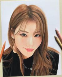 Rule 34 | 1girl, absurdres, art tools in frame, artrishtryy, asian, black sweater, brown eyes, brown hair, colored pencil, colored pencil (medium), hand on own neck, highres, jewelry, k-pop, long hair, looking at viewer, necklace, pencil, pink lips, portrait, real life, realistic, sana (twice), sleeves past wrists, smile, solo, sweater, traditional media, twice (group)