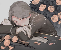 Rule 34 | 1boy, aesop carl, bug, bush, butterfly, coffin, eyes visible through hair, flower, gloves, grey eyes, grey hair, highres, identity v, insect, leaning on object, long sleeves, looking at animal, male focus, mask, unworn mask, mouth mask, petals, pink flower, pink rose, ponytail, rose, rose petals, s06y02, smile, solo, white background, white gloves