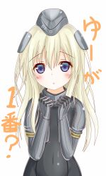 Rule 34 | 10s, 1girl, :o, blonde hair, blush, covered navel, cropped jacket, garrison cap, hat, highres, kantai collection, langley1000, long hair, long sleeves, looking at viewer, military, military uniform, open mouth, puffy long sleeves, puffy sleeves, purple eyes, solo, translation request, u-511 (kancolle), uniform