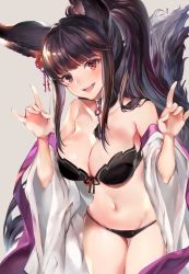 Rule 34 | 1girl, animal ears, bad id, bad twitter id, bare shoulders, bell, bikini, black bikini, black hair, blush, breasts, choker, cleavage, collarbone, erune, eyeliner, fang, fox ears, fox tail, granblue fantasy, grey background, groin, hair bell, hair ornament, highres, jingle bell, large breasts, long hair, looking at viewer, makeup, navel, off shoulder, open mouth, red eyes, simple background, smile, solo, soraneko hino, stomach, swimsuit, tail, very long hair, yuel (granblue fantasy)