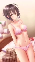 Rule 34 | 1girl, absurdres, ahoge, arms behind back, bare arms, bare shoulders, bear, blurry, blush, bow, bra, breasts, brown eyes, brown hair, brown skirt, cleavage, collarbone, commentary, depth of field, dutch angle, highres, honeycomb (pattern), idolmaster, idolmaster cinderella girls, indoors, kohinata miho, looking at viewer, masuku (saint mask), medium breasts, navel, panties, parted lips, pink bra, pink panties, plaid, plaid skirt, red bow, skirt, unworn skirt, solo, stomach, stuffed animal, stuffed toy, symbol-only commentary, teddy bear, thighs, underwear, underwear only
