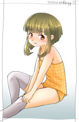 Rule 34 | 1girl, bob cut, braid, brown eyes, camisole, gradient background, green hair, grey thighhighs, kantai collection, looking at viewer, one-hour drawing challenge, panties, ray.s, short hair, short hair with long locks, sidelocks, solo, takanami (kancolle), thighhighs, underwear, white background, yellow camisole, yellow panties