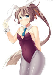 Rule 34 | 10s, 1girl, adapted costume, animal ears, aqua eyes, aqua necktie, arm behind back, bad id, bad pixiv id, bare arms, bare shoulders, blue eyes, blunt bangs, blush, bow, bowtie, breasts, brown hair, cleavage, closed mouth, covered navel, cowboy shot, detached collar, embarrassed, fake animal ears, frown, gradient hair, grey eyes, grey hair, grey pantyhose, hair ornament, hair ribbon, hand on own ear, hand up, high ponytail, highleg, highleg leotard, hime cut, kankitsunabe (citrus), kantai collection, kazagumo (kancolle), kemonomimi mode, legs together, leotard, lips, long hair, medium breasts, multicolored hair, necktie, orange ribbon, pantyhose, parted bangs, playboy bunny, ponytail, pulling own ear, rabbit ears, raised eyebrows, ribbon, short necktie, sideboob, simple background, solo, standing, strapless, strapless leotard, thighs, tsurime, twitter username, very long hair, white background, wrist cuffs